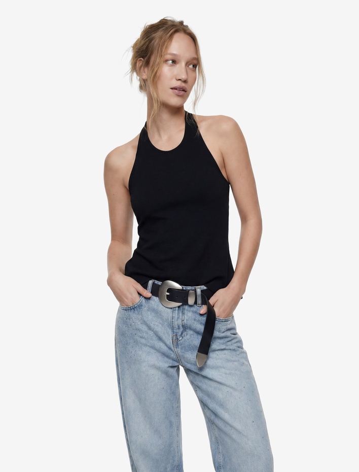  Slim Fit Bel Vurgulu Halter Yaka Kolsuz Peplum Bluz