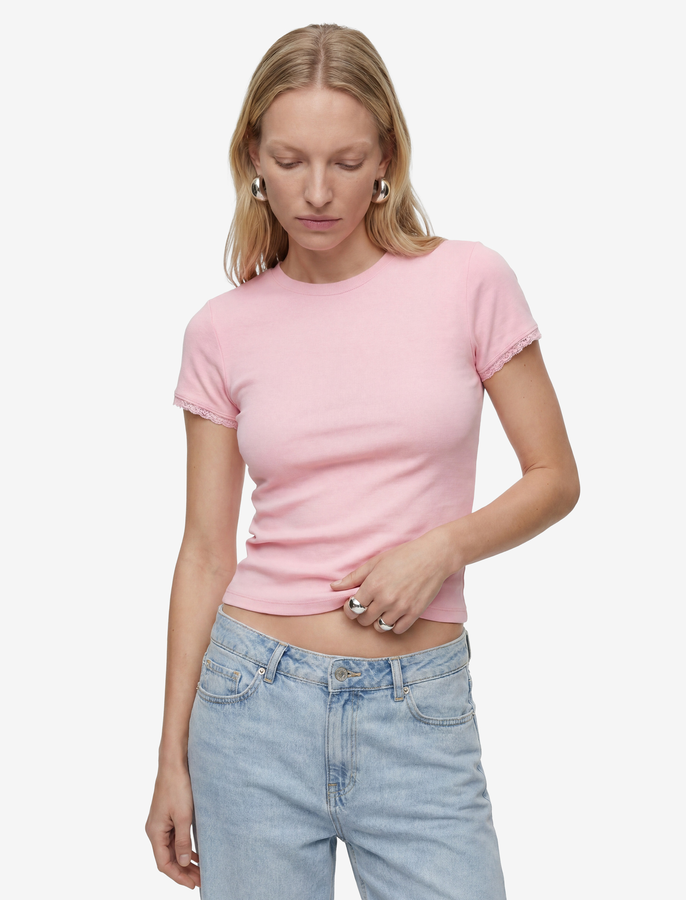   Ribanalı Pamuklu Slim Fit Bisiklet Yaka Kısa Kollu Dantel Detaylı Tişört