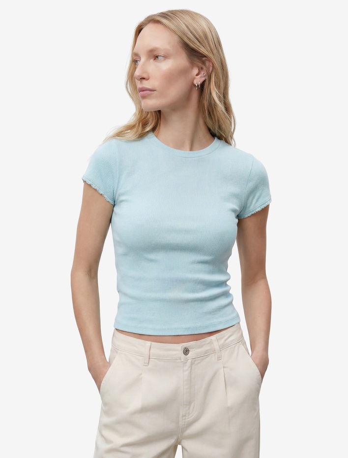  Ribanalı Pamuklu Slim Fit Bisiklet Yaka Kısa Kollu Dantel Detaylı Tişört