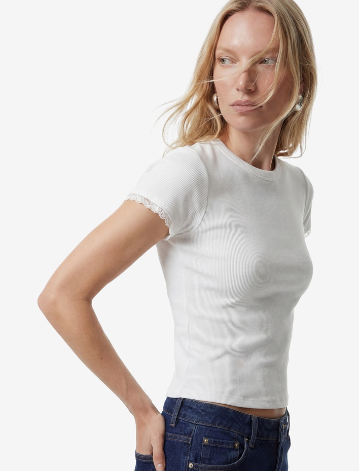  Ribanalı Pamuklu Slim Fit Bisiklet Yaka Kısa Kollu Dantel Detaylı Tişört