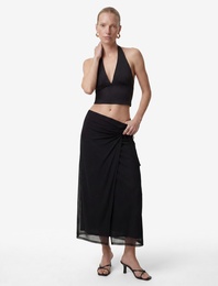 Slim Fit Bağlamalı Toka Detaylı Kruvaze Tül Midi Etek