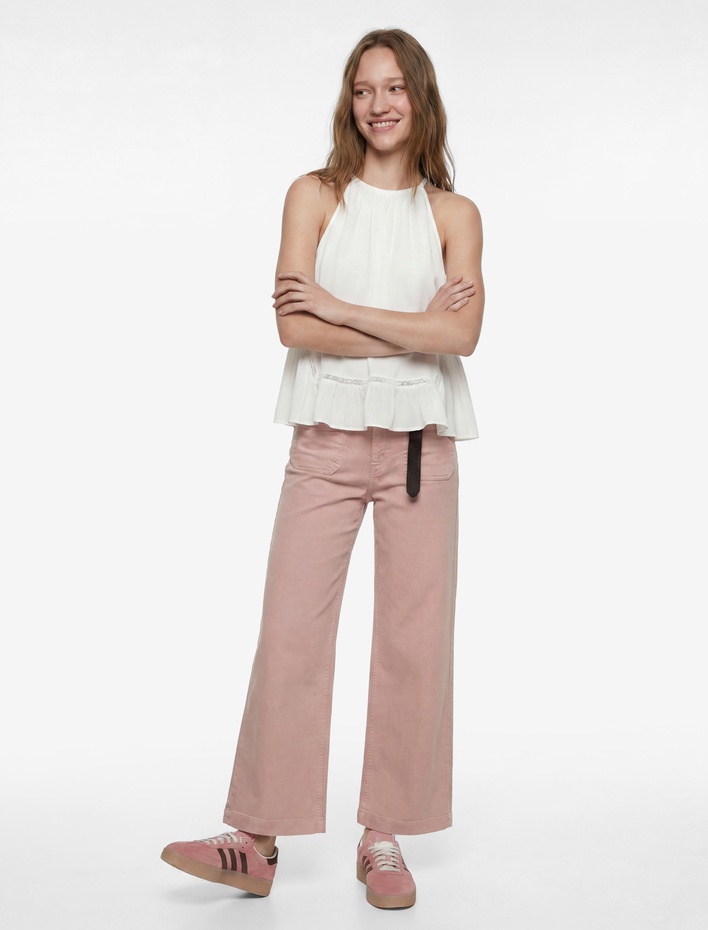  Yüksek Bel Rahat Kalıp Cep Detaylı Geniş Paça Pantolon - Culotte Jeans