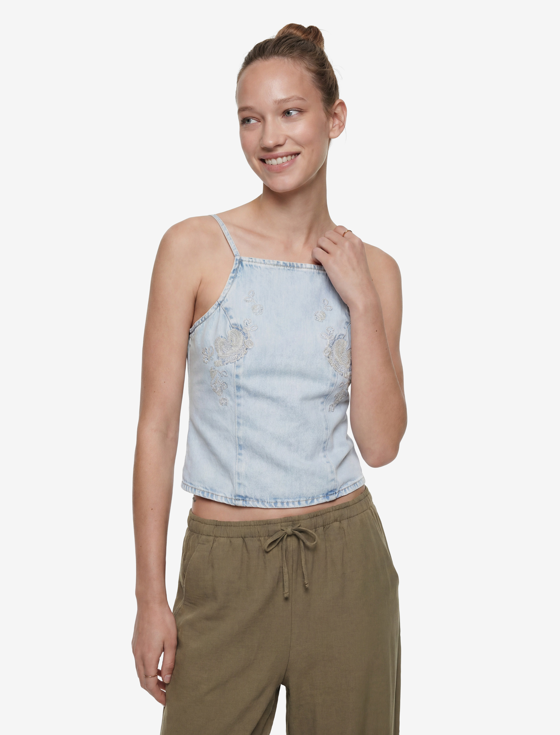   Bağlamalı Sırt Detaylı Nakışlı Kare Halter Yaka Askılı Denim Top