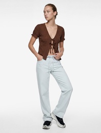 Pamuklu Cep Detaylı Beli Bağcıklı Bol Pantolon - Loose Straight Fit Jean