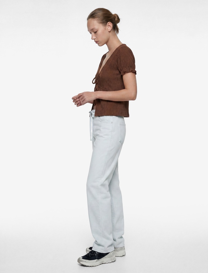  Pamuklu Cep Detaylı Beli Bağcıklı Bol Pantolon - Loose Straight Fit Jean