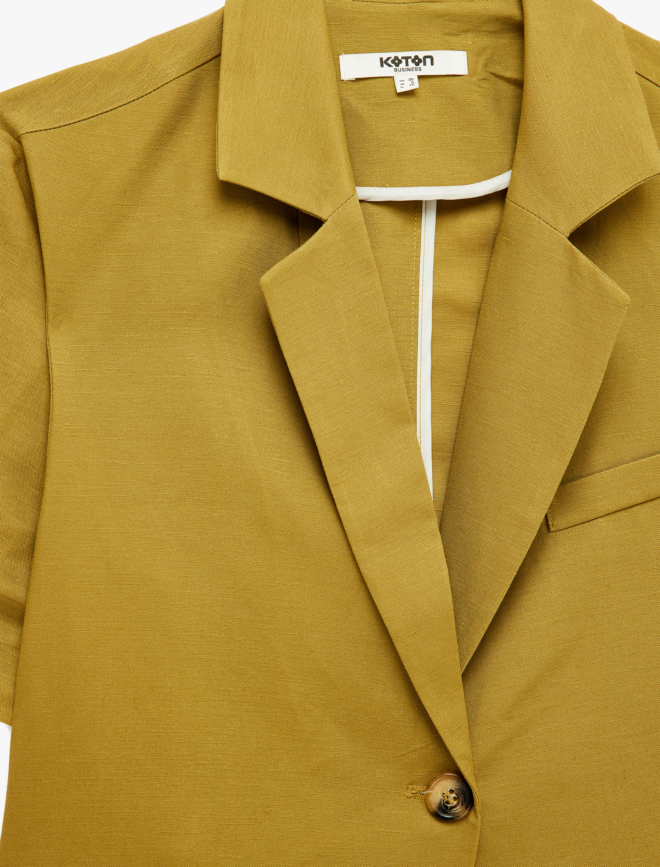   Kısa Kollu Geniş Yaka Düğmeli Keten Karışımlı Crop Blazer Ceket