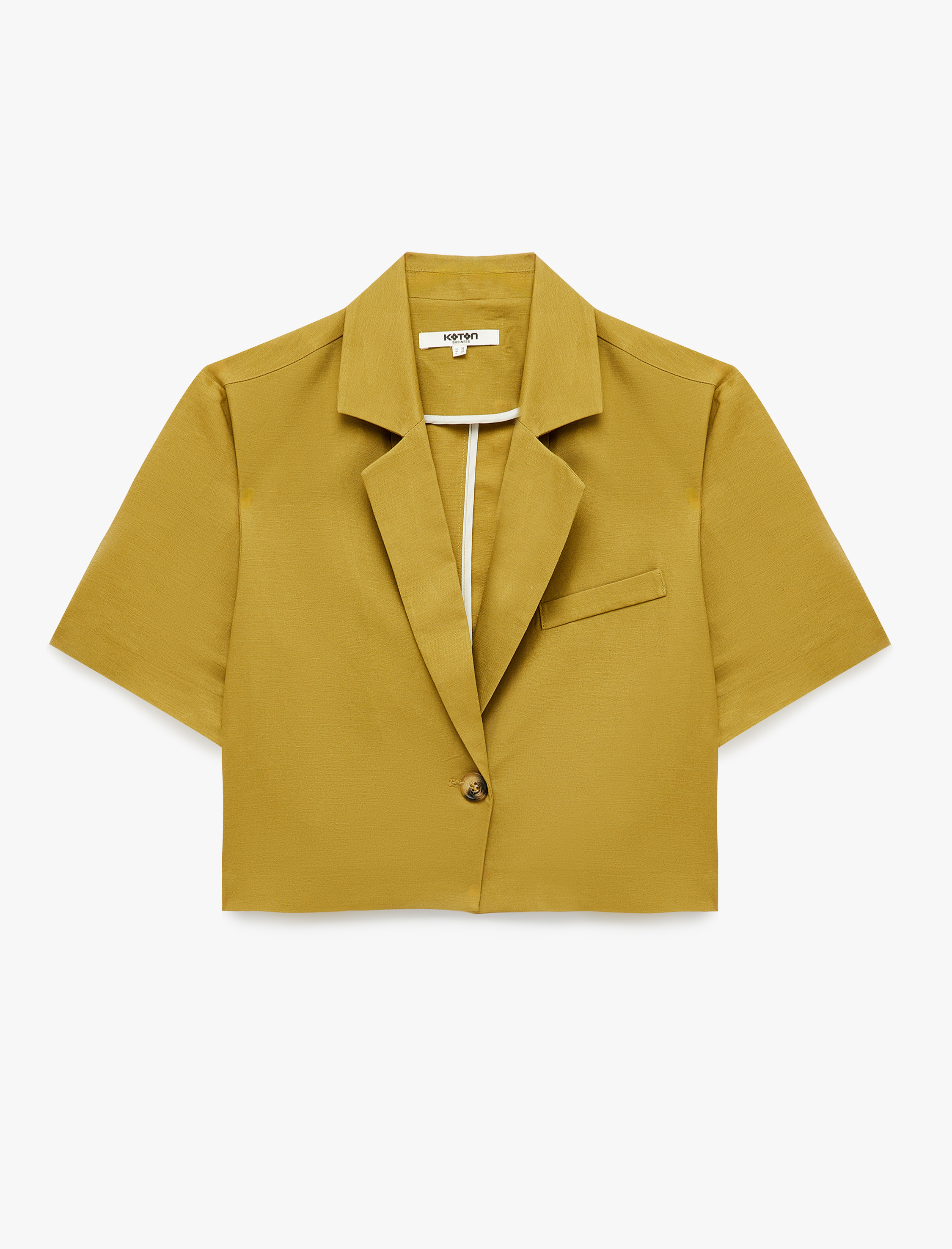   Kısa Kollu Geniş Yaka Düğmeli Keten Karışımlı Crop Blazer Ceket