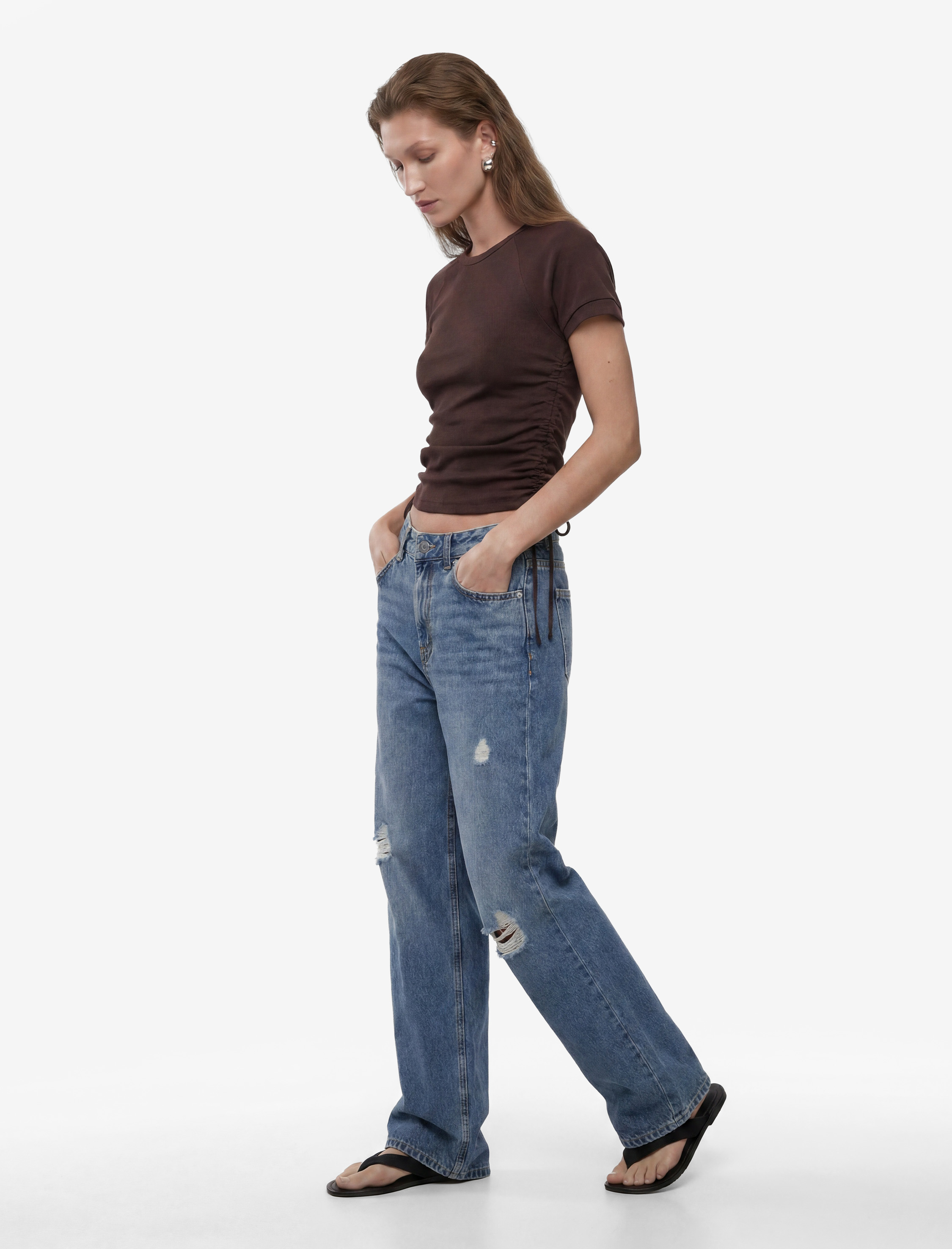   Pamuklu Slim Fit Bisiklet Yaka Kısa Kollu Yanları Bağlamalı Büzgülü Tişört