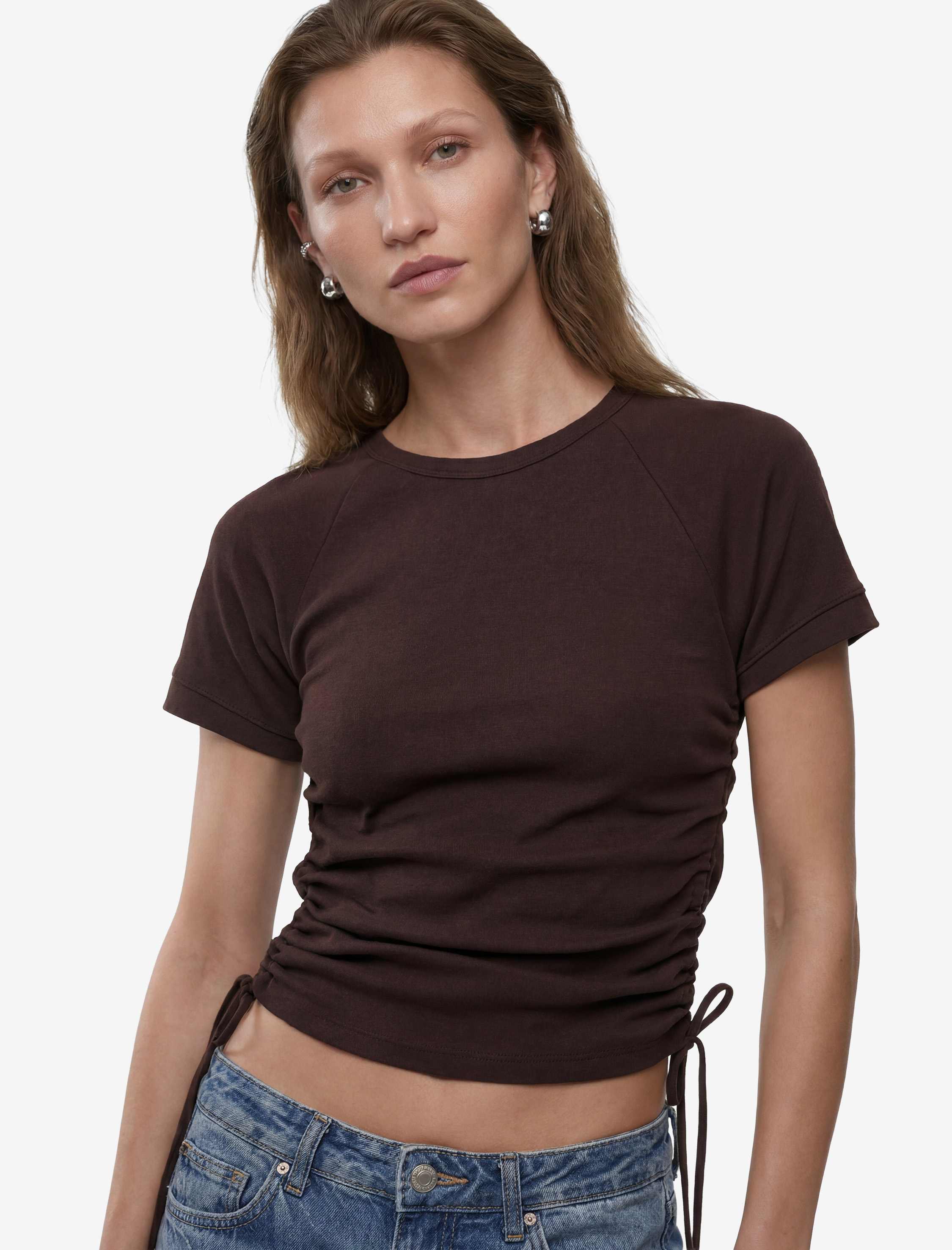   Pamuklu Slim Fit Bisiklet Yaka Kısa Kollu Yanları Bağlamalı Büzgülü Tişört