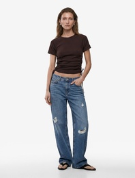 Pamuklu Slim Fit Bisiklet Yaka Kısa Kollu Yanları Bağlamalı Büzgülü Tişört