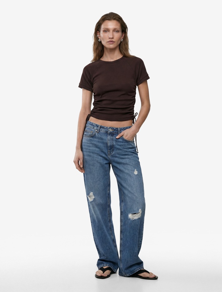  Pamuklu Slim Fit Bisiklet Yaka Kısa Kollu Yanları Bağlamalı Büzgülü Tişört