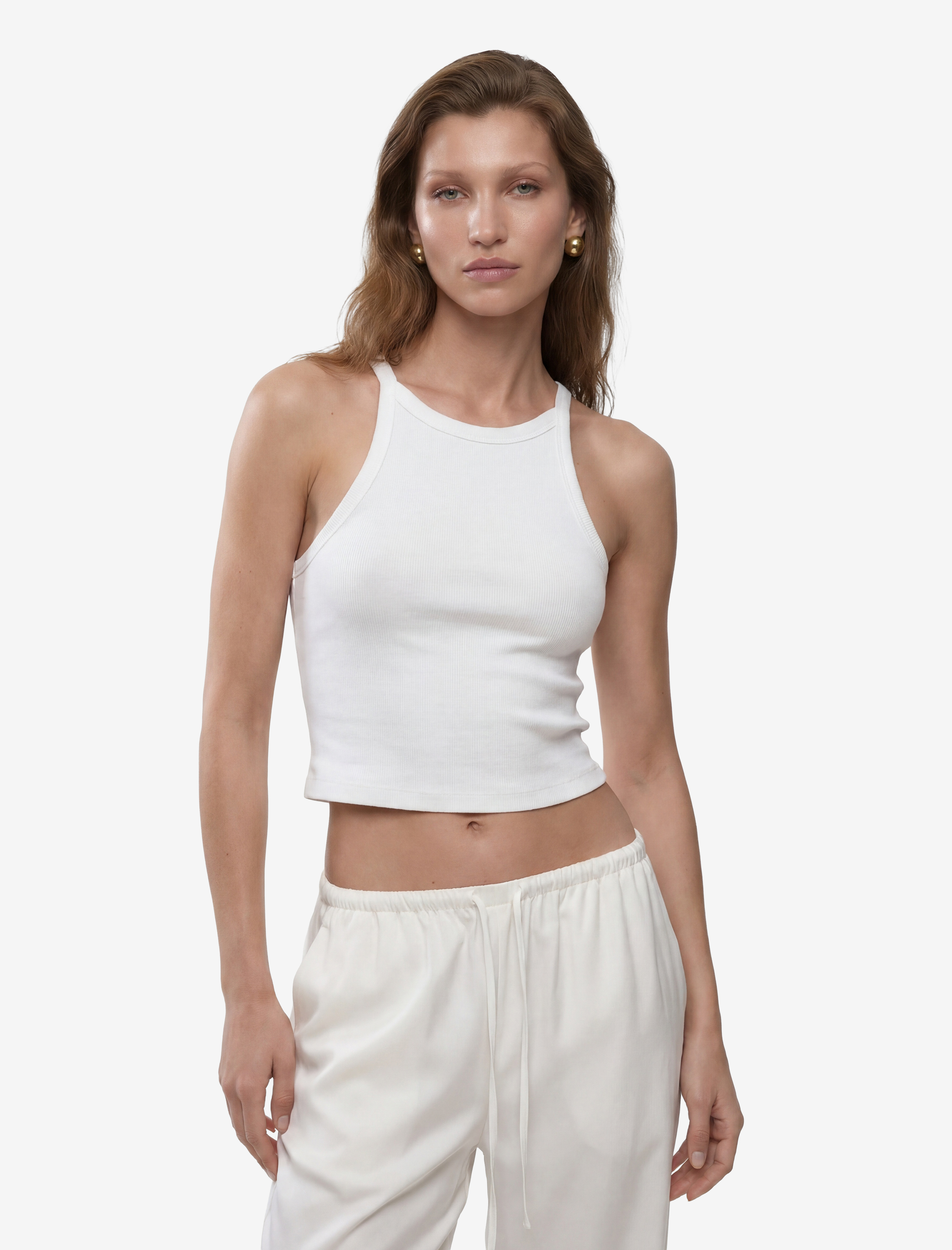   Pamuklu Ribanalı Slim Fit Kolsuz Halter Yaka Crop Top