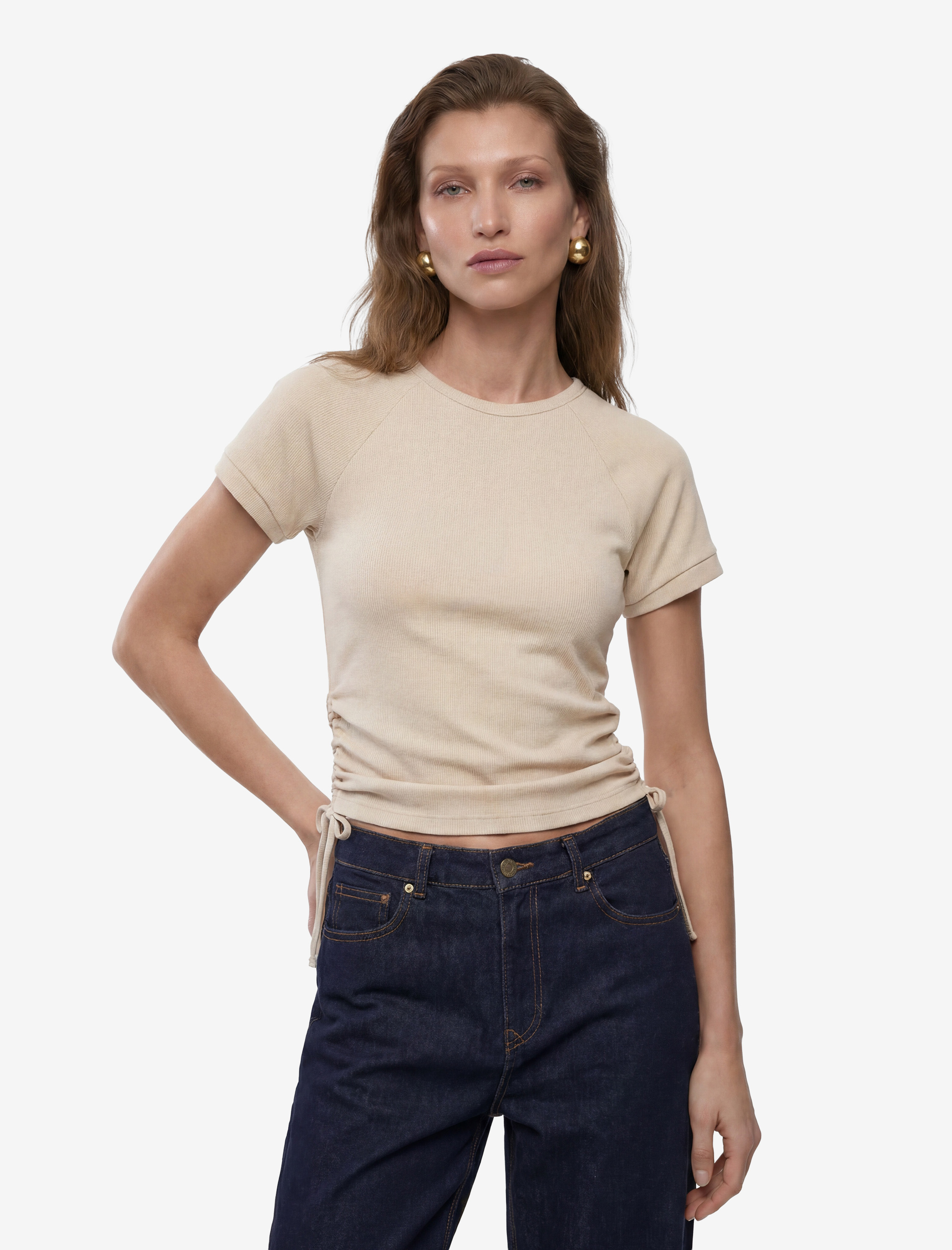   Pamuklu Slim Fit Bisiklet Yaka Kısa Kollu Yanları Bağlamalı Büzgülü Tişört