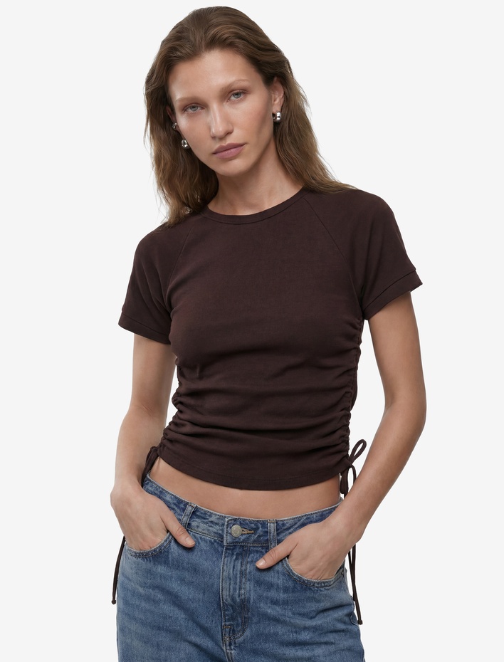  Pamuklu Slim Fit Bisiklet Yaka Kısa Kollu Yanları Bağlamalı Büzgülü Tişört