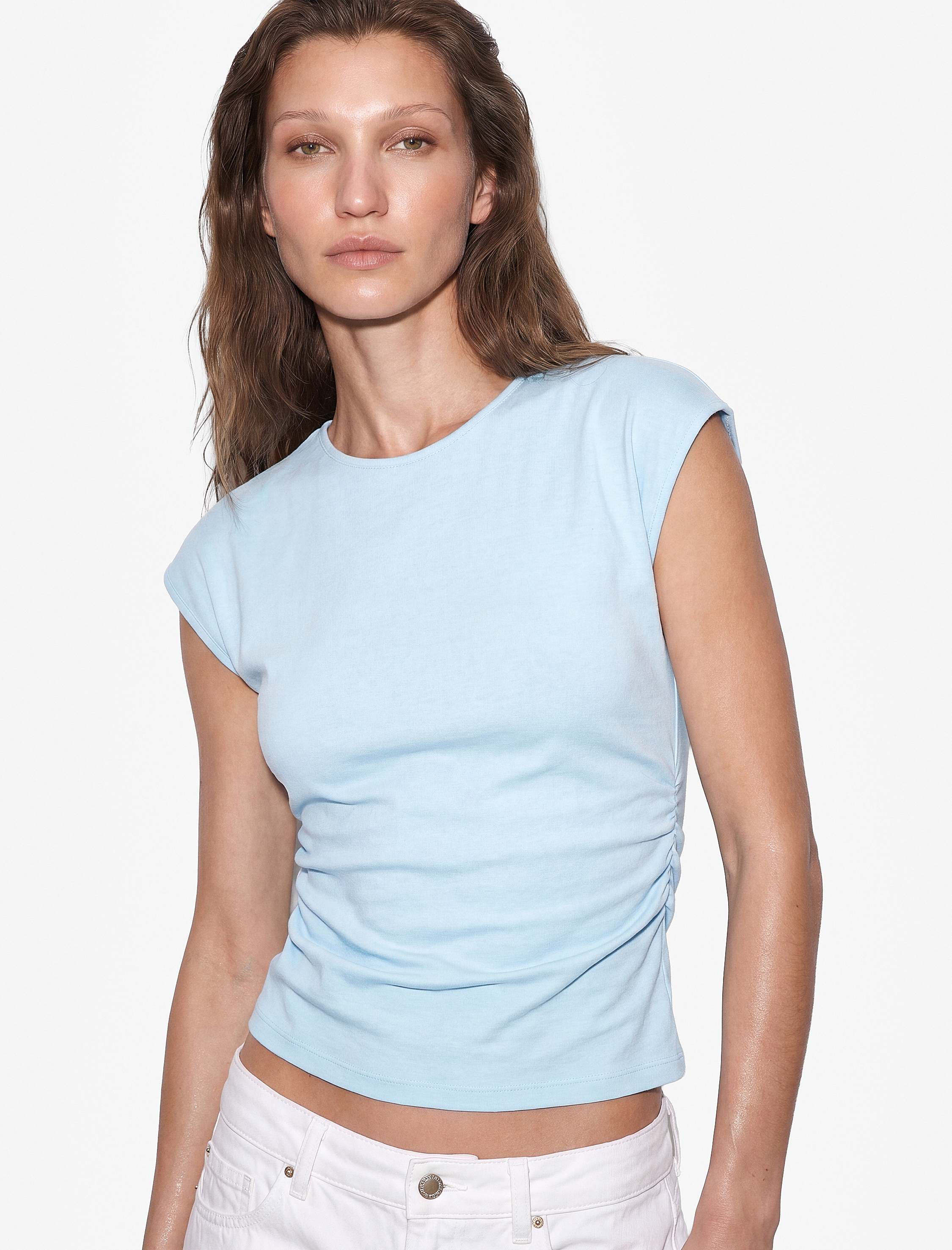   Pamuklu Slim Fit Drape Detaylı Bisiklet Yaka Kısa Kollu Tişört