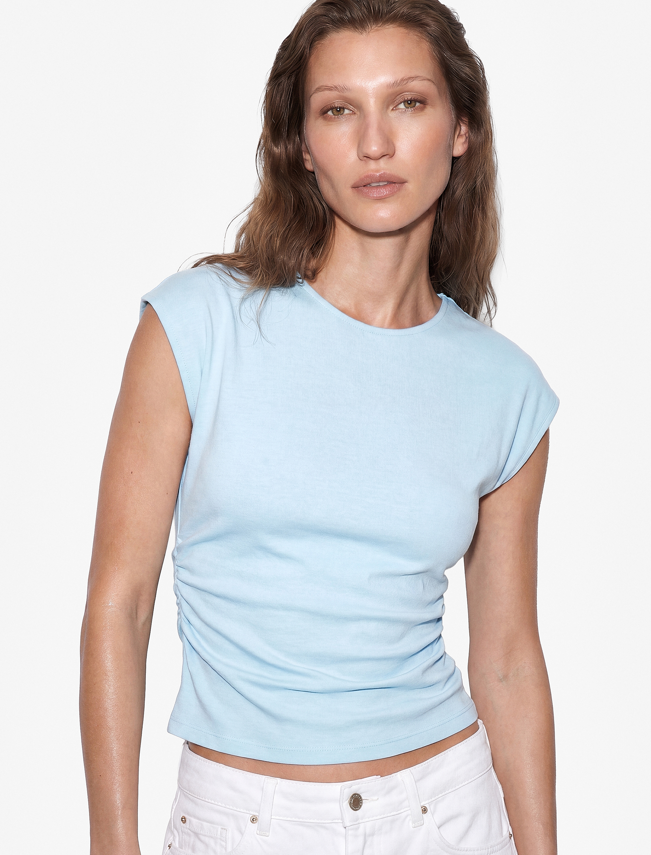   Pamuklu Slim Fit Drape Detaylı Bisiklet Yaka Kısa Kollu Tişört