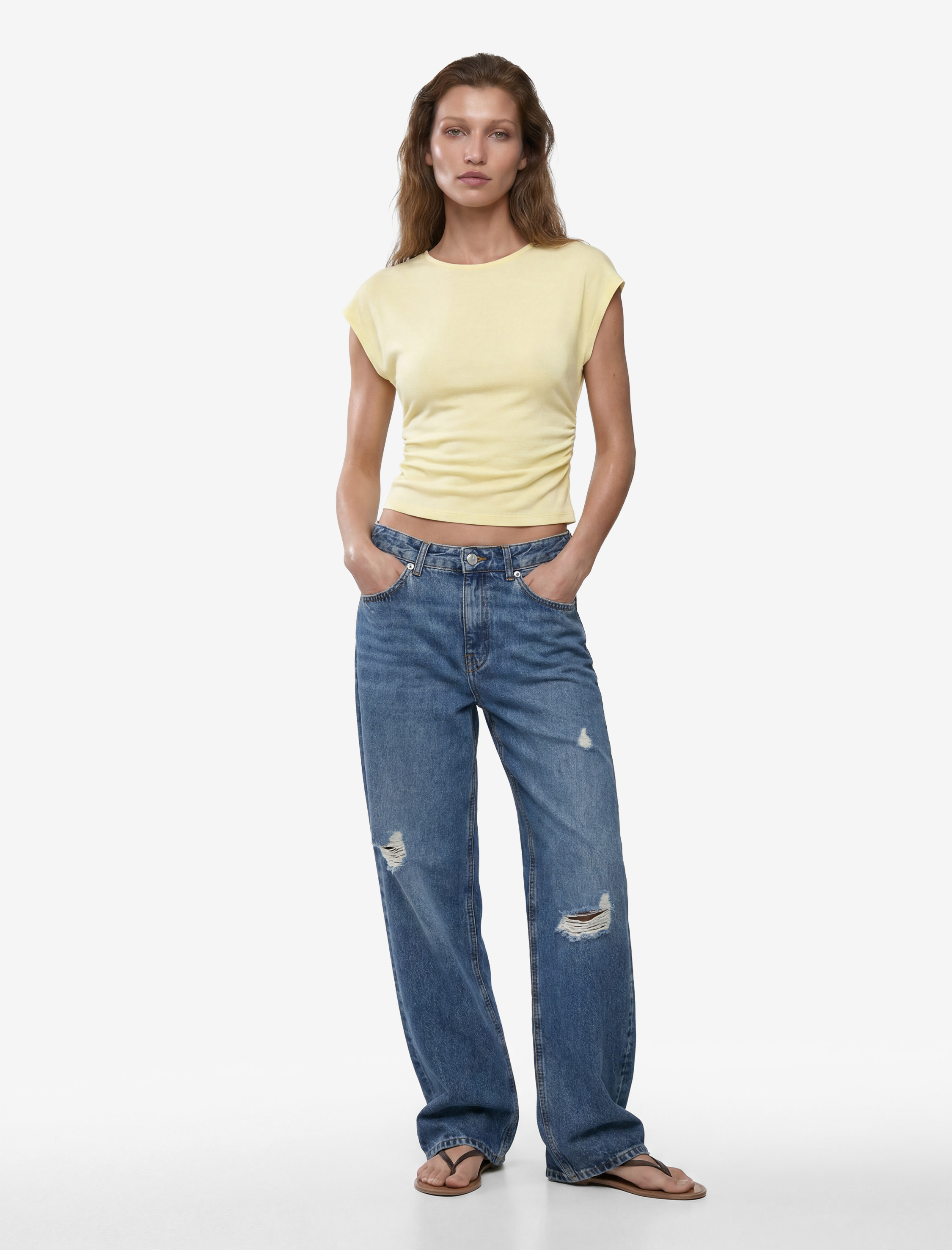   Pamuklu Slim Fit Drape Detaylı Bisiklet Yaka Kısa Kollu Tişört