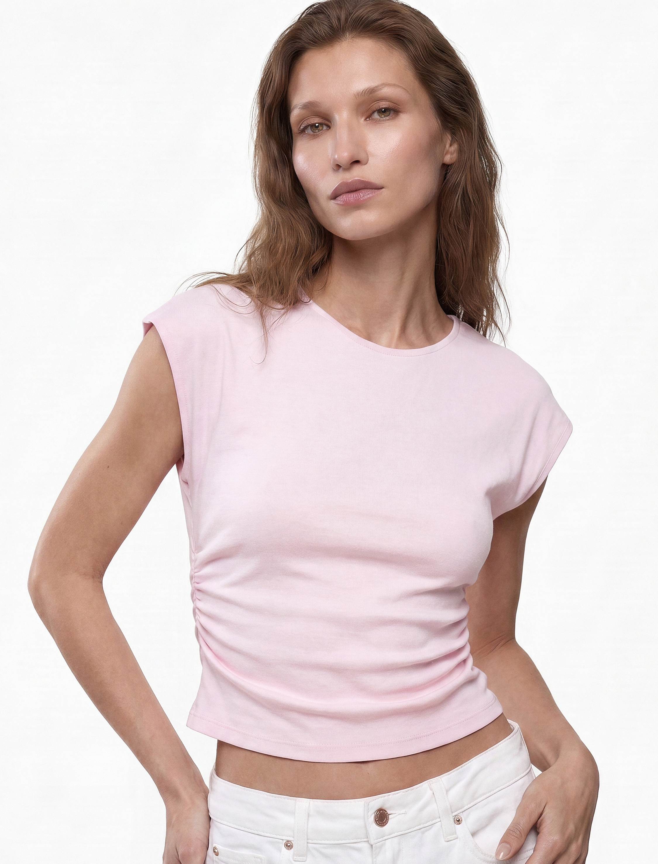   Pamuklu Slim Fit Drape Detaylı Bisiklet Yaka Kısa Kollu Tişört