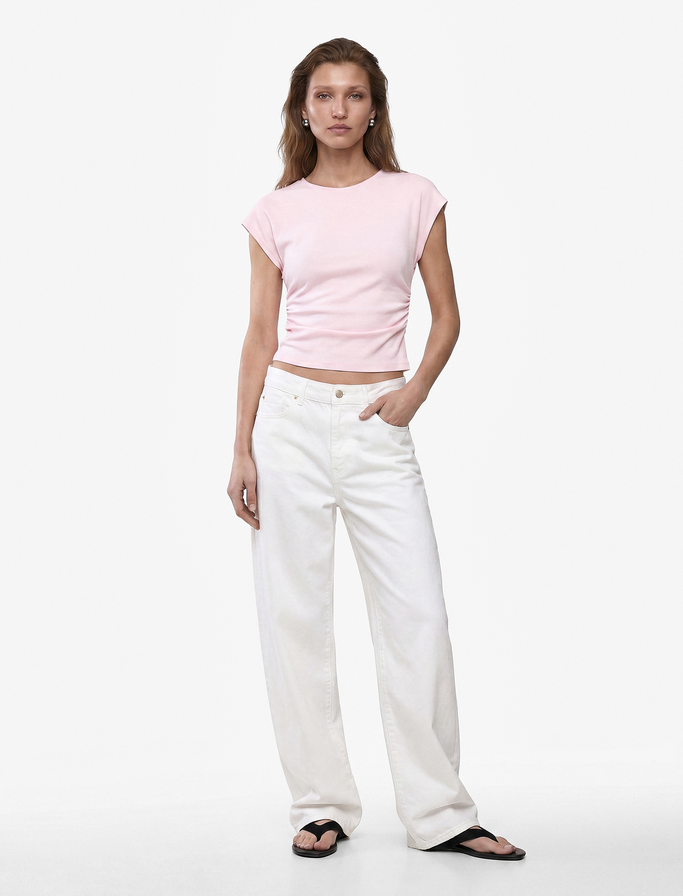   Pamuklu Slim Fit Drape Detaylı Bisiklet Yaka Kısa Kollu Tişört