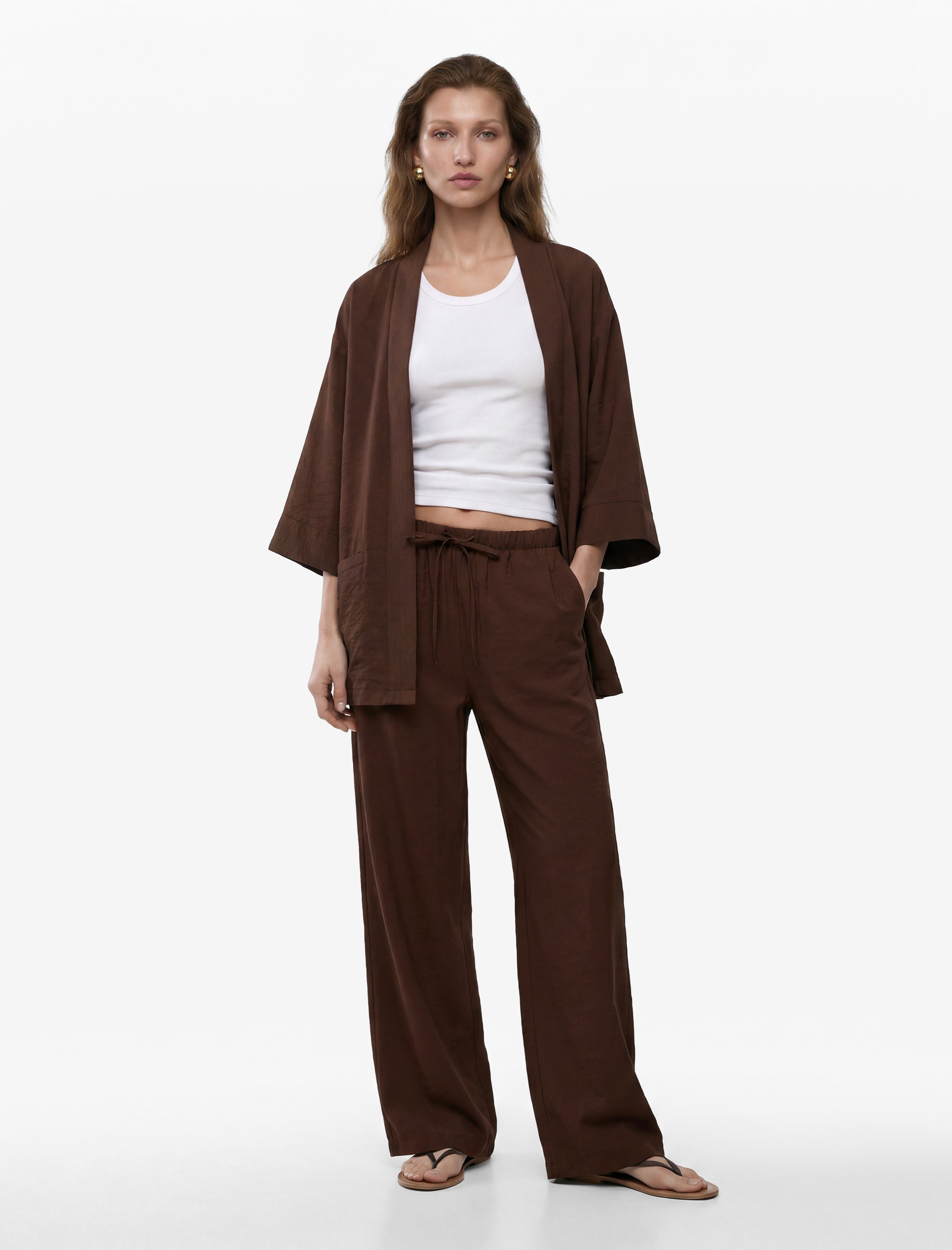   Modal Kumaş Şal Yaka Cepli Uzun Kollu Kimono Ceket