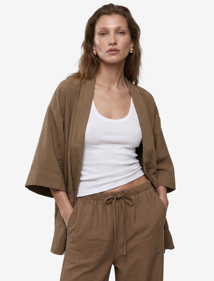  Modal Kumaş Şal Yaka Cepli Uzun Kollu Kimono Ceket