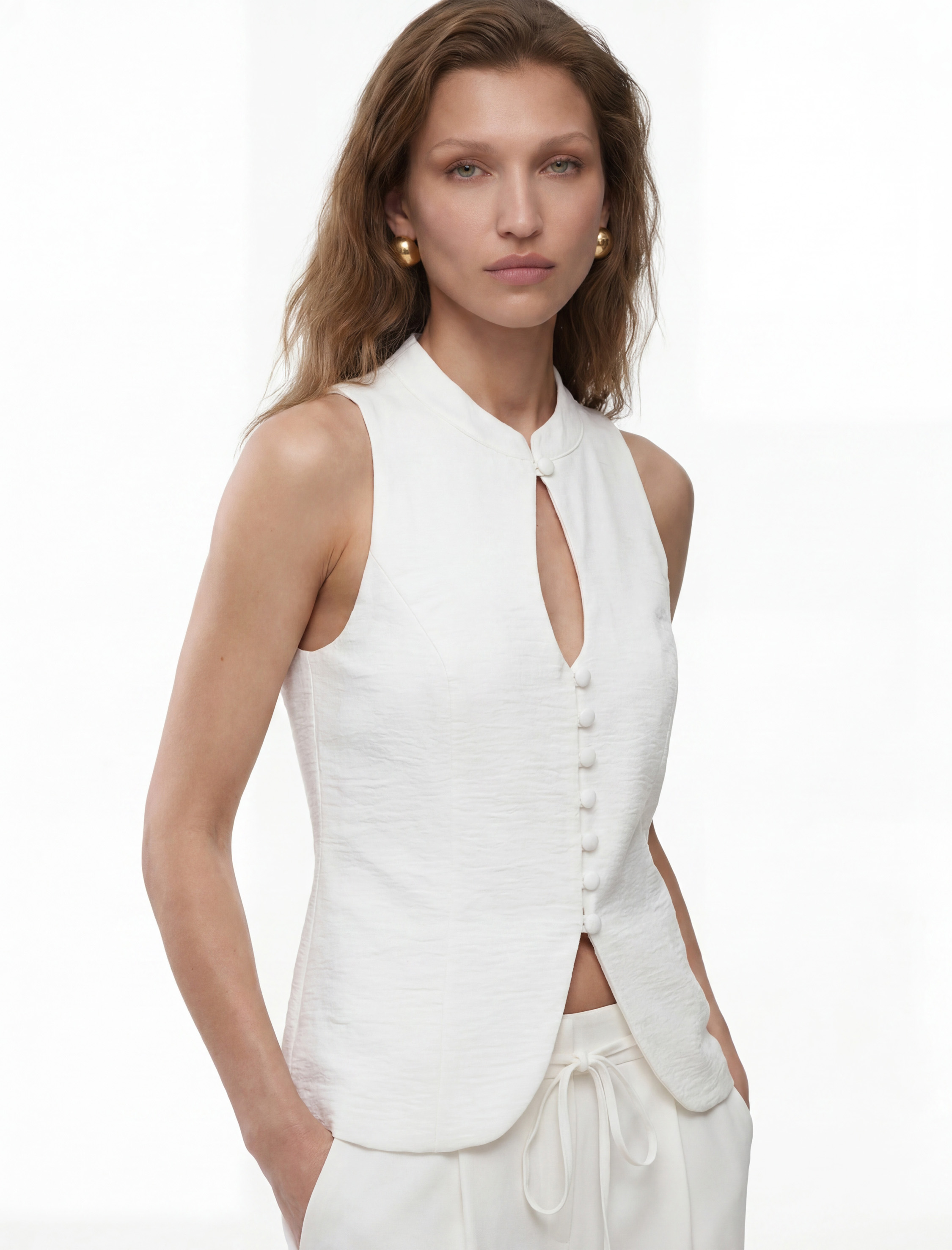   Keten Görünümlü Slim Fit Düğmeli Qipao Dik Yaka Yelek