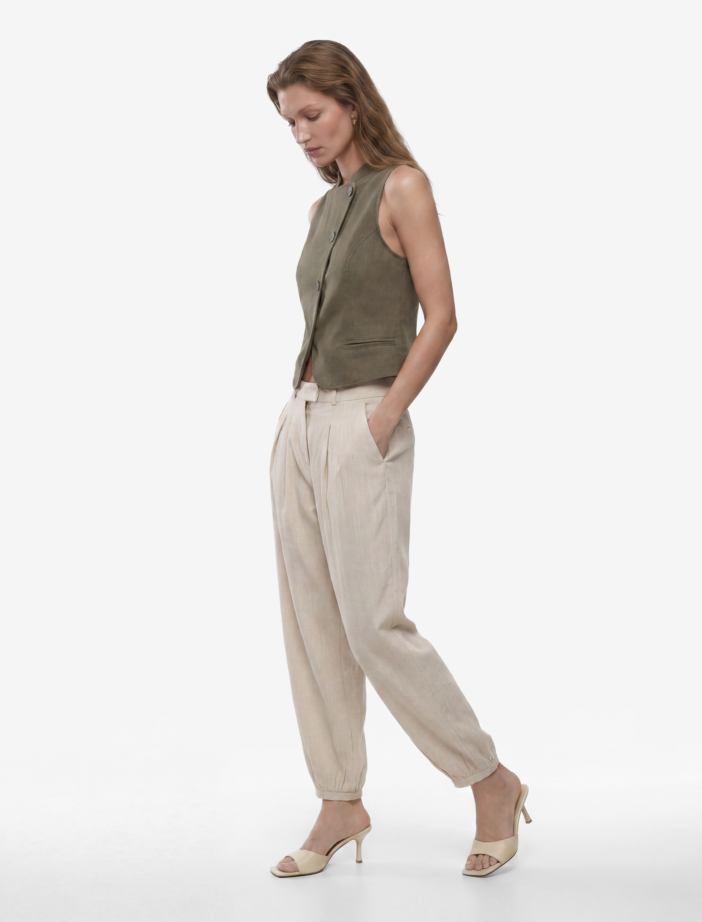   Slim Fit Mandarin Yaka Asimetrik Düğmeli Keten Yelek