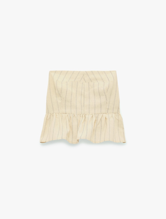  Koton X Melis Ağazat - Slim Fit Keten Karışımlı Fırfırlı Çizgili Straplez Crop Üst
