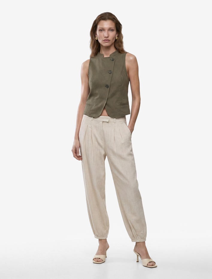  Slim Fit Mandarin Yaka Asimetrik Düğmeli Keten Yelek
