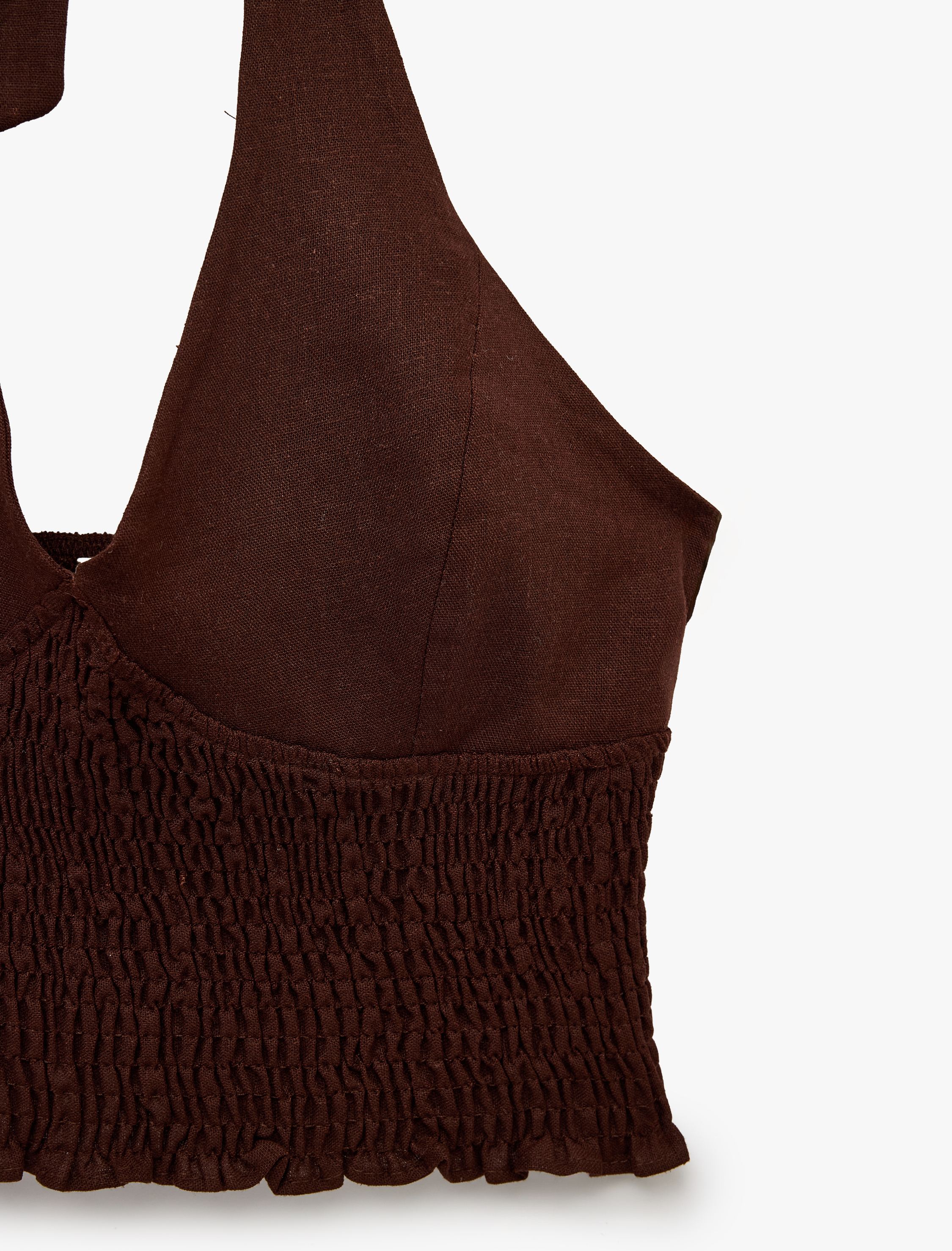   Keten Karışımlı Halter Yaka Boyundan Bağlamalı Gipeli Crop Top