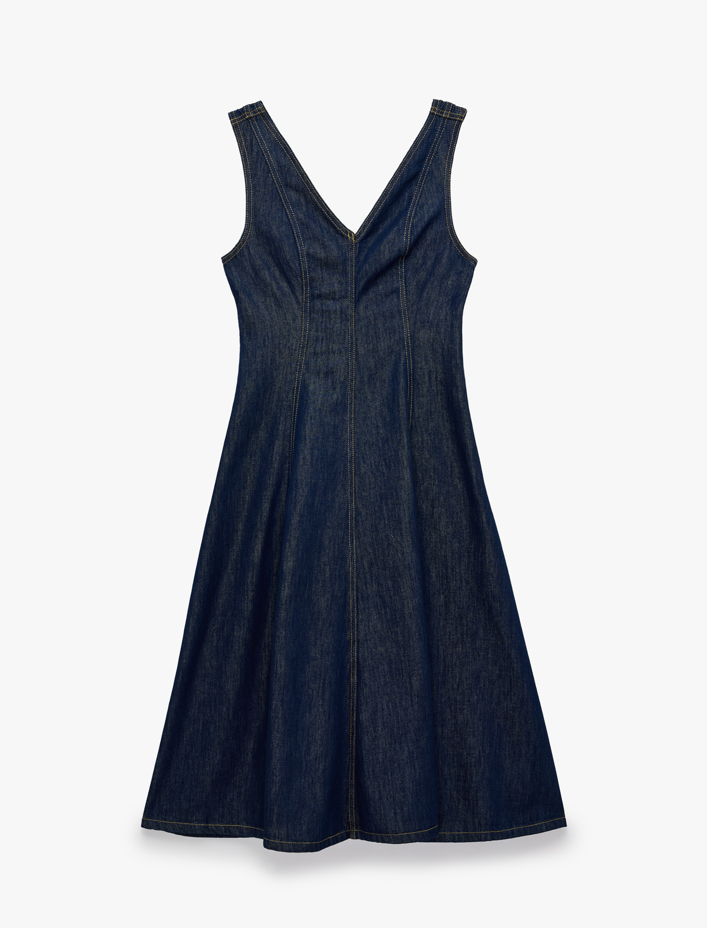   Dikiş Detaylı Volanlı Rahat Kalıp V Yaka Kolsuz Uzun Denim Elbise