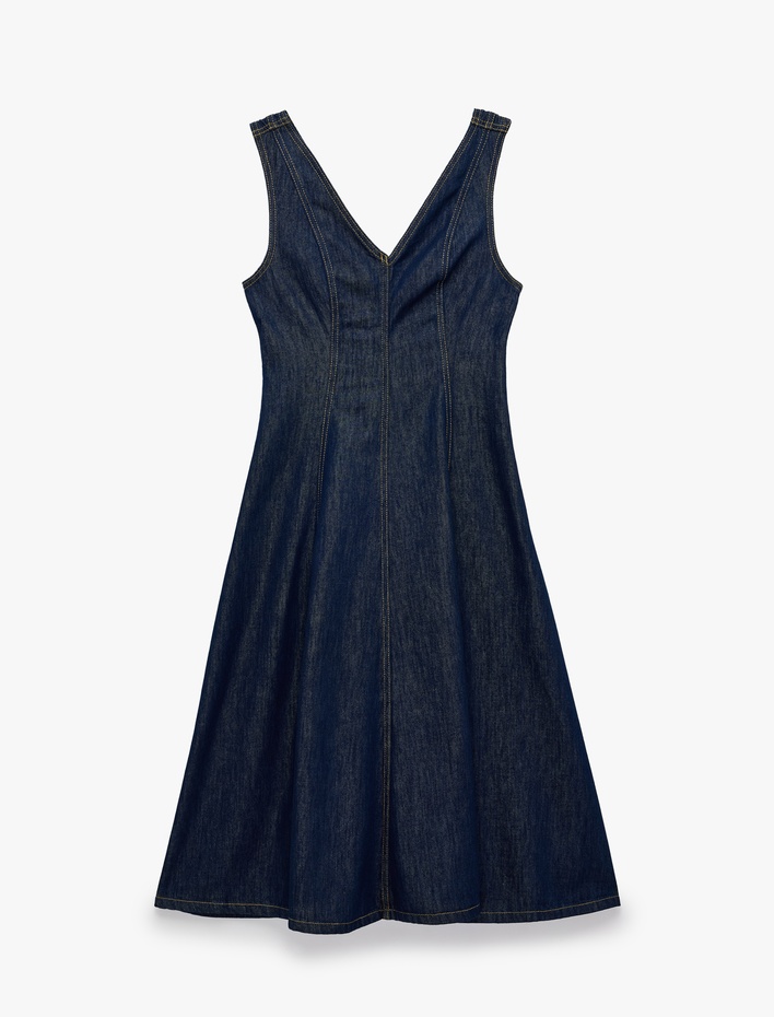  Dikiş Detaylı Volanlı Rahat Kalıp V Yaka Kolsuz Uzun Denim Elbise