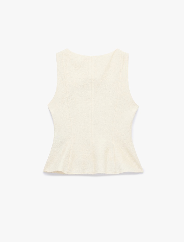  Viskon Kumaş Floral Dokulu Kolsuz Bisiklet Yaka Peplum Bluz