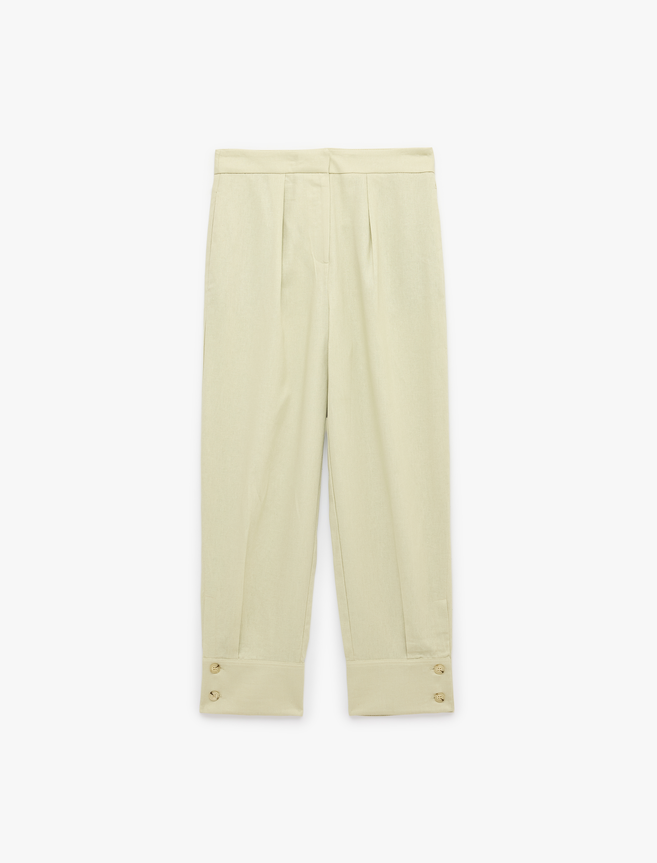   Aksesuar Düğme Detaylı Duble Paça Straight Fit Keten Pantolon