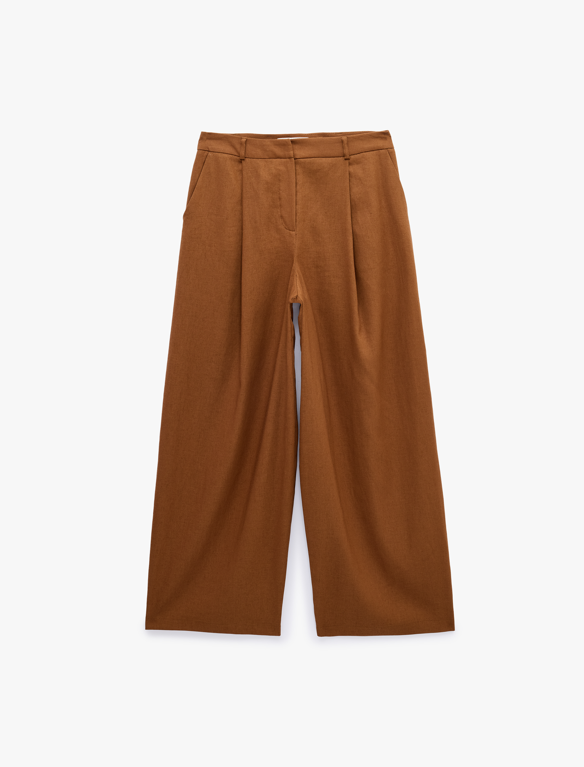   Cepli Pile Detaylı Geniş Paça Baggy Keten Pantolon