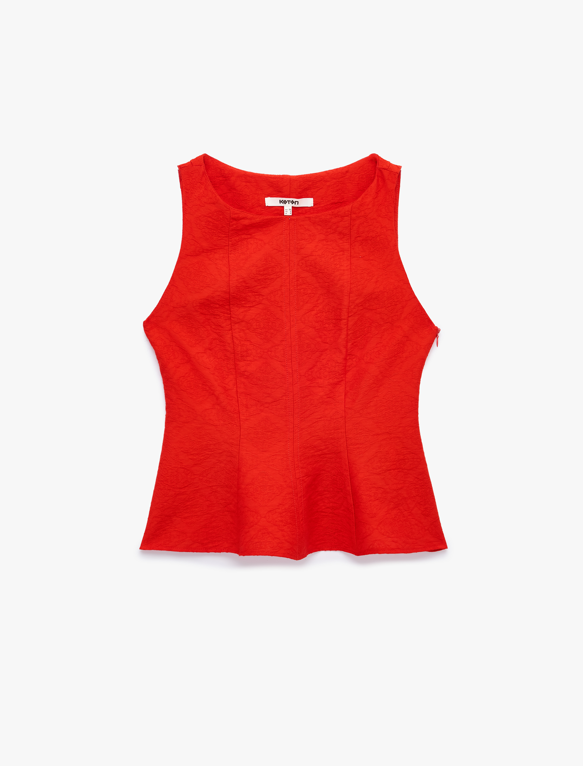   Viskon Kumaş Floral Dokulu Kolsuz Bisiklet Yaka Peplum Bluz