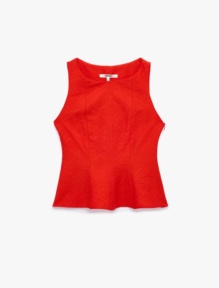  Viskon Kumaş Floral Dokulu Kolsuz Bisiklet Yaka Peplum Bluz
