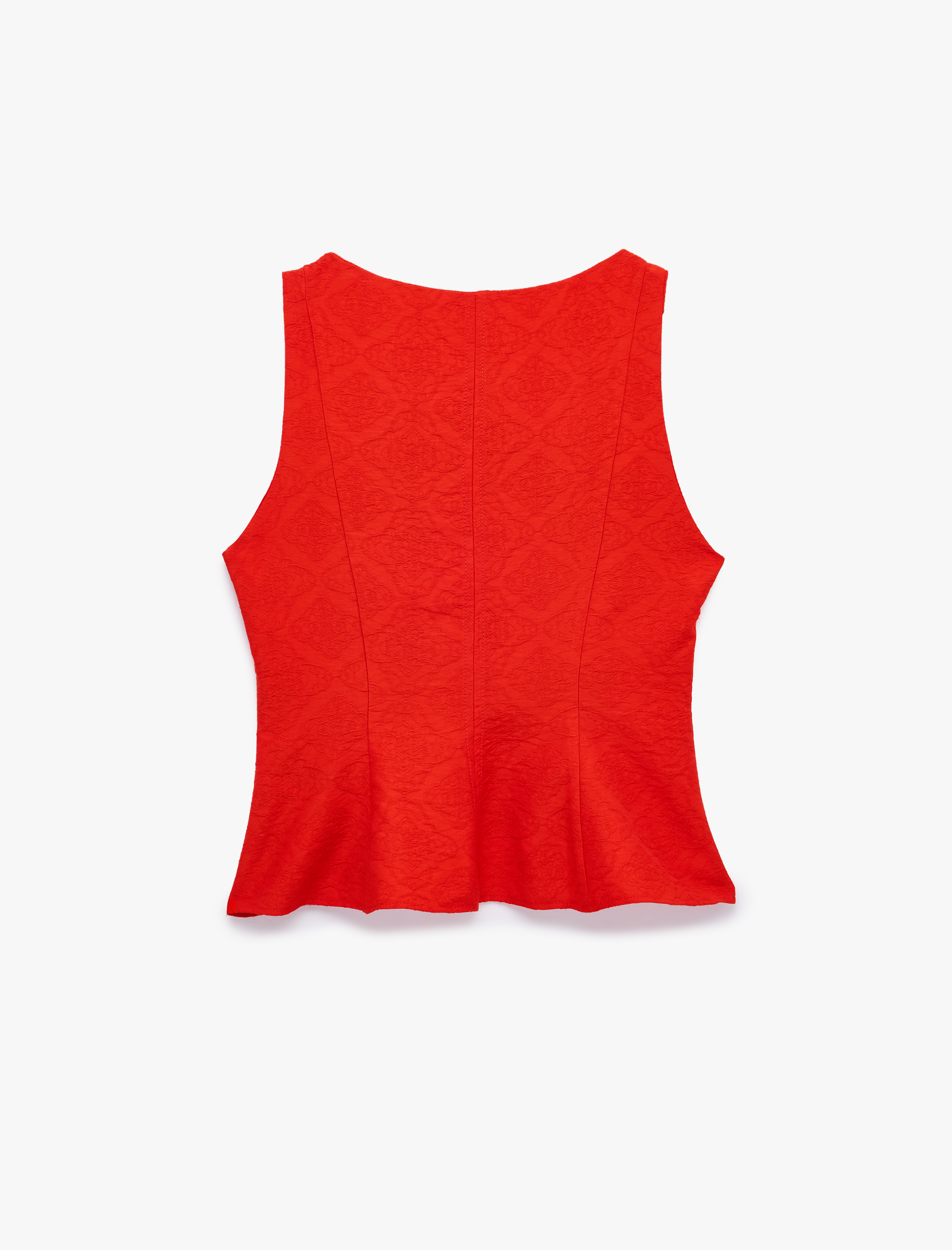   Viskon Kumaş Floral Dokulu Kolsuz Bisiklet Yaka Peplum Bluz