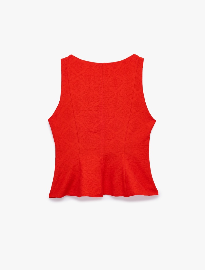  Viskon Kumaş Floral Dokulu Kolsuz Bisiklet Yaka Peplum Bluz