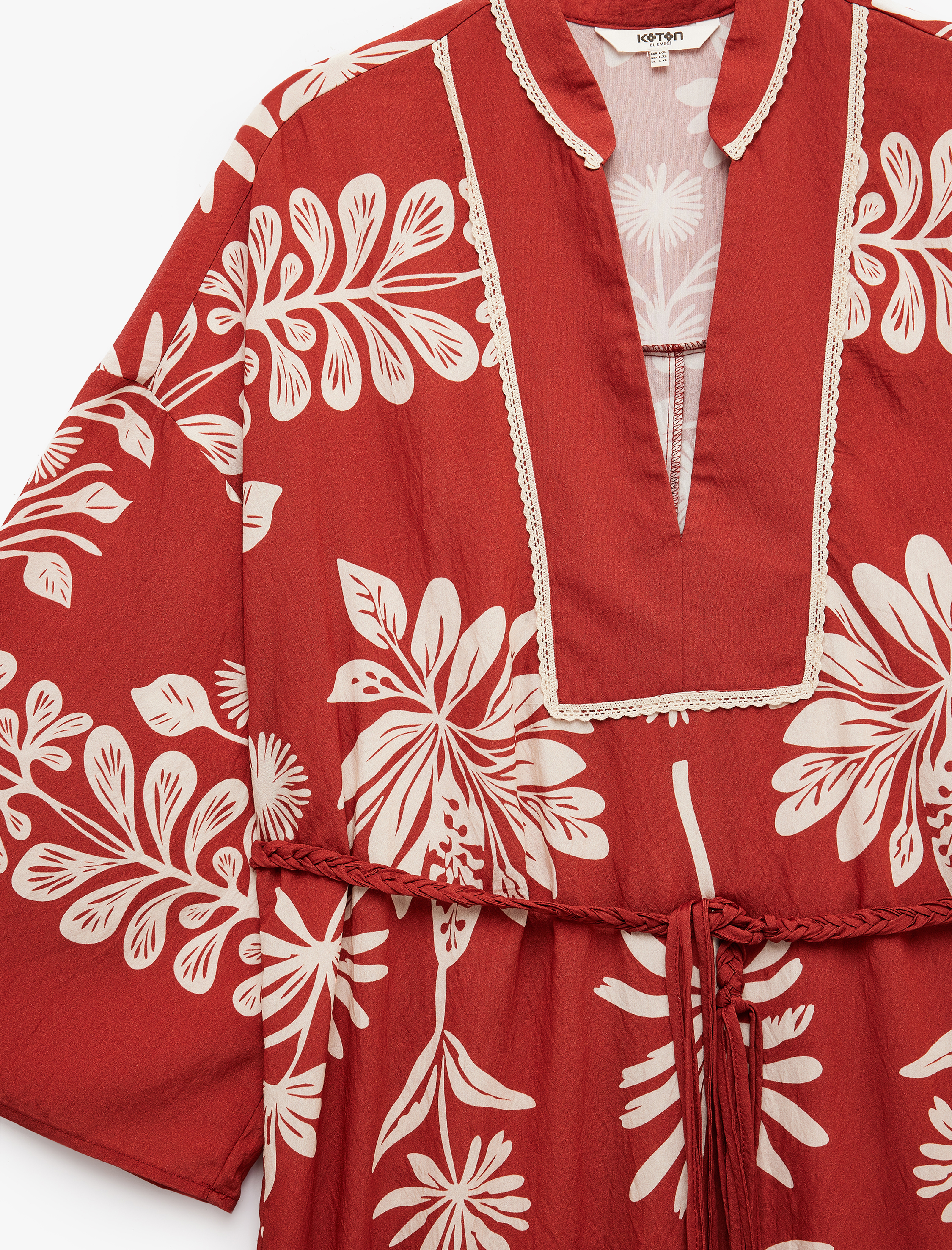   Viskon Kumaş Uzun Kollu Yırtmaçlı Mandarin Yaka Etnik Desenli Nakışlı Uzun Kimono Elbise