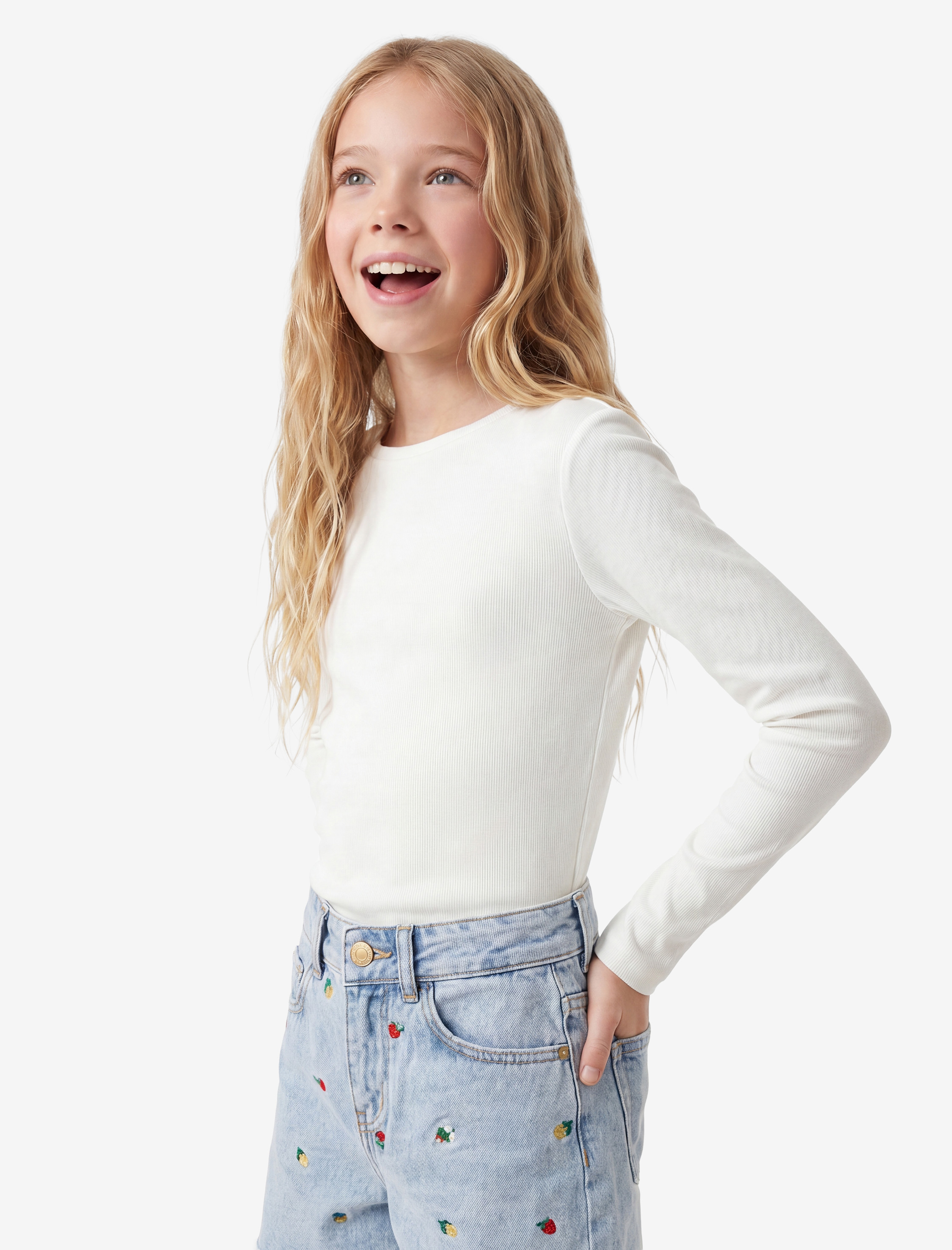  Kız Çocuk Dik Yaka Uzun Kollu Slim Fit Ribanalı Tişört