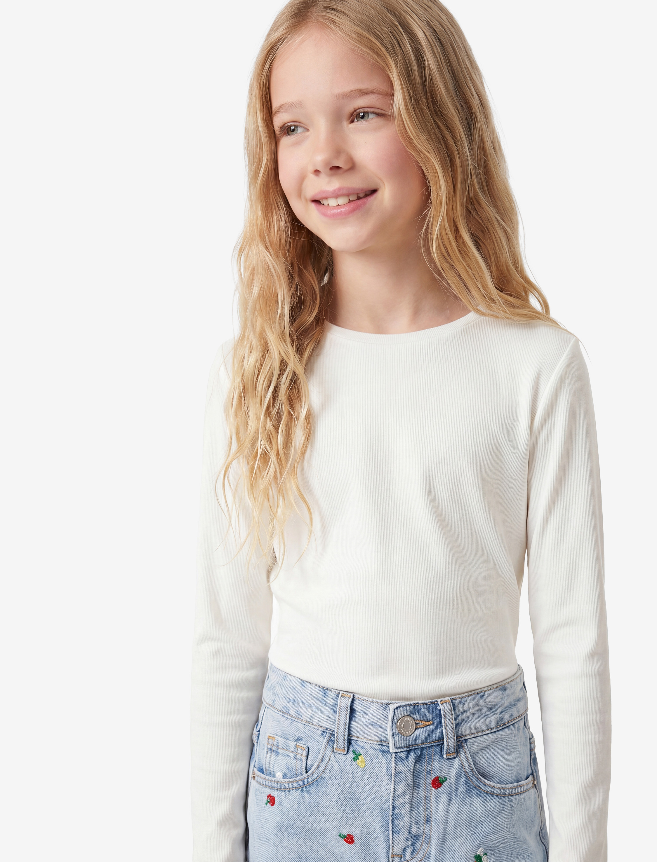  Kız Çocuk Dik Yaka Uzun Kollu Slim Fit Ribanalı Tişört