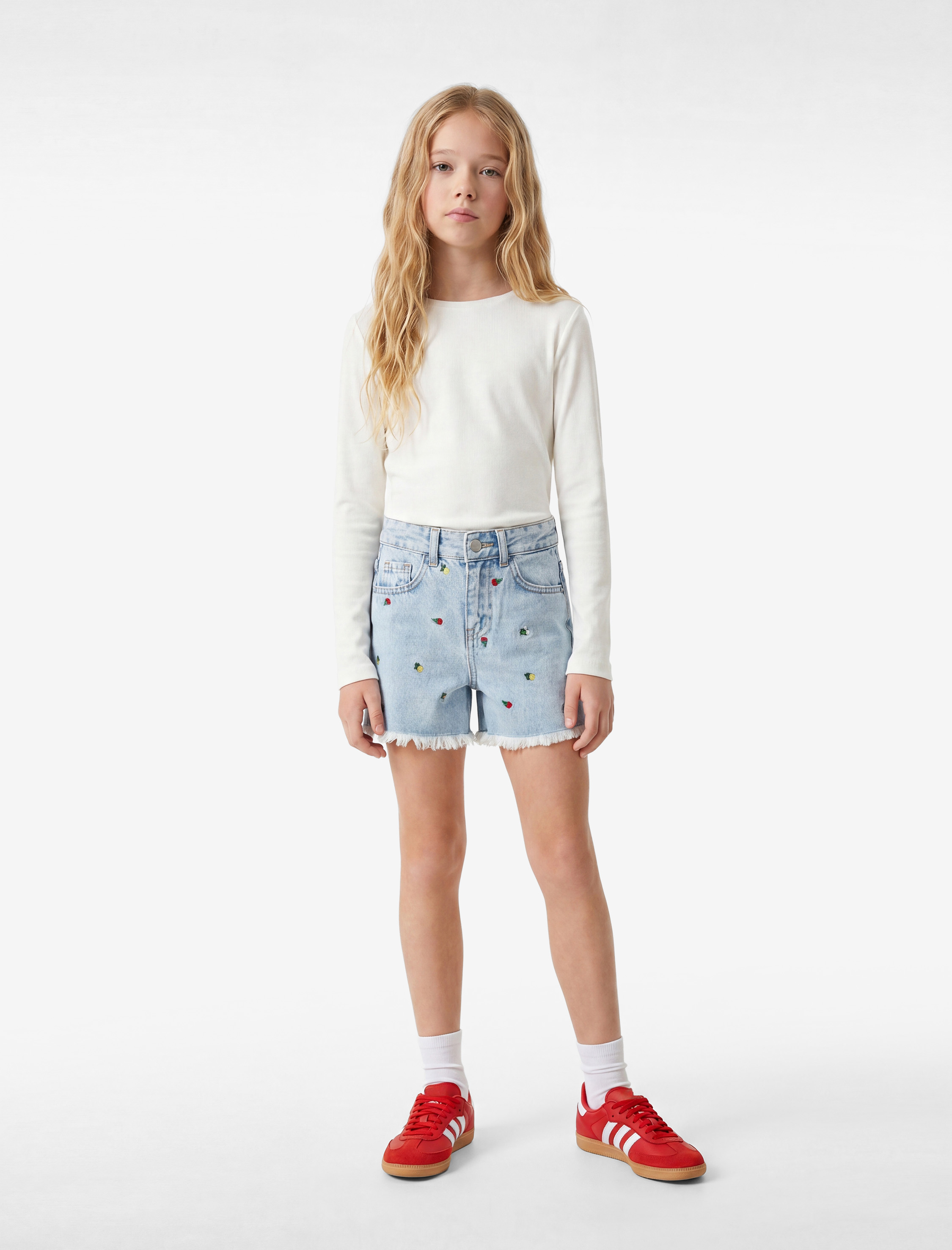  Kız Çocuk Dik Yaka Uzun Kollu Slim Fit Ribanalı Tişört