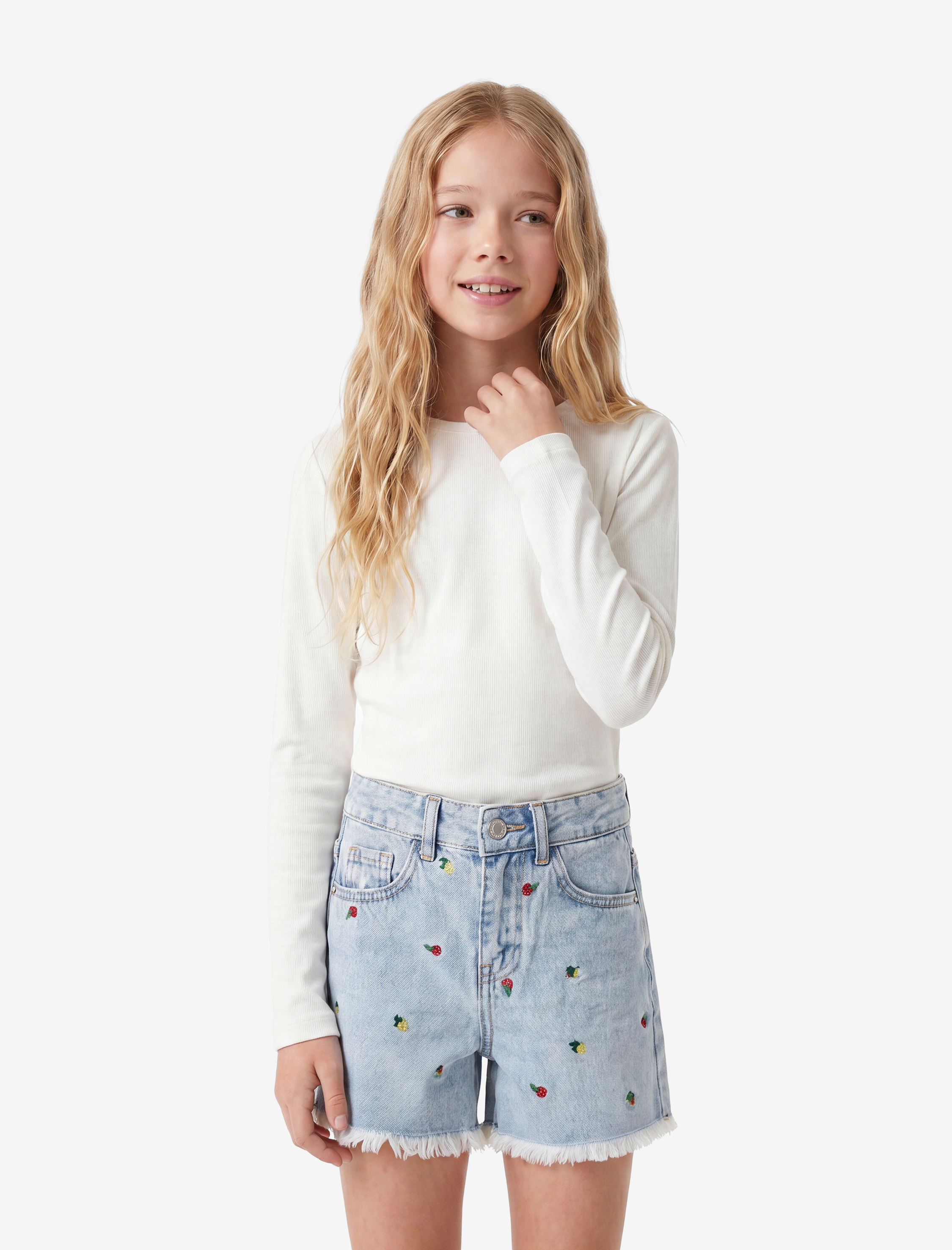  Kız Çocuk Dik Yaka Uzun Kollu Slim Fit Ribanalı Tişört