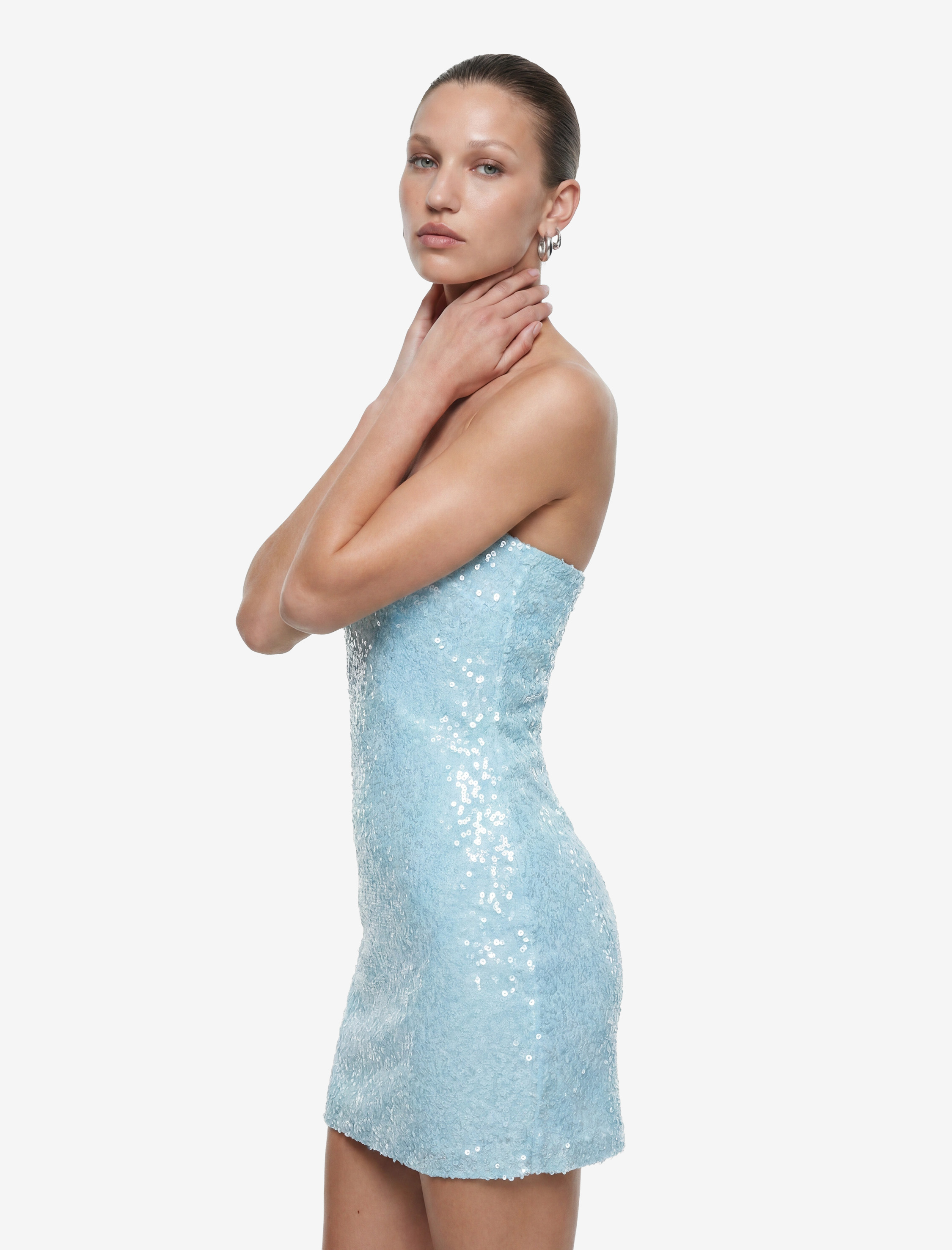   Pullu Payetli Straplez Yaka Kolsuz Bodycon Mini Abiye Elbise