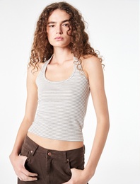 Slim Fit Pamuklu Çizgili Kolsuz Halter Yaka Bluz