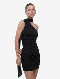 Tek Omuz Tül Detaylı Slim Fit Bodycon Mini Abiye Elbise