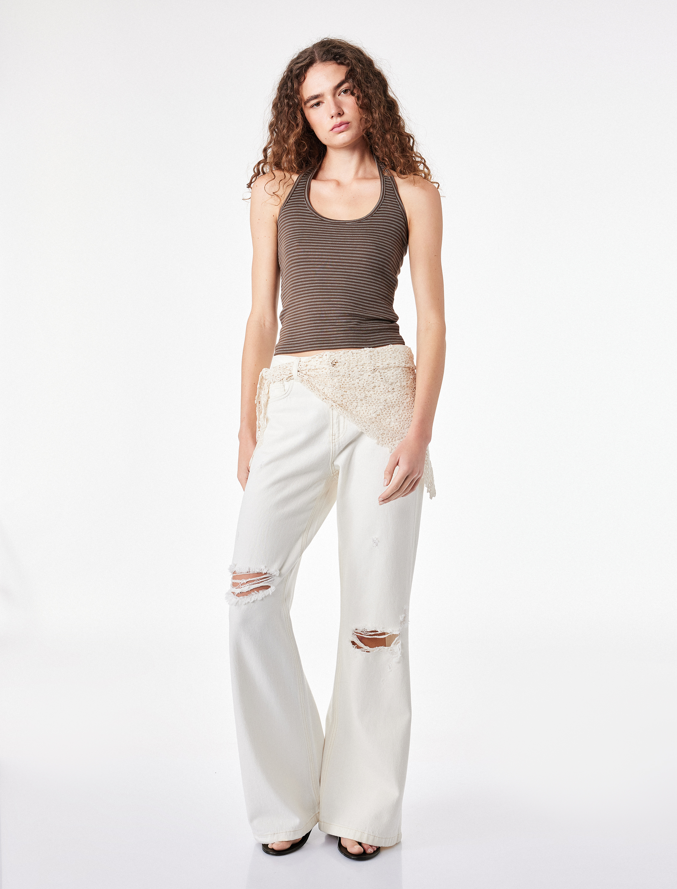   Slim Fit Pamuklu Çizgili Kolsuz Halter Yaka Bluz