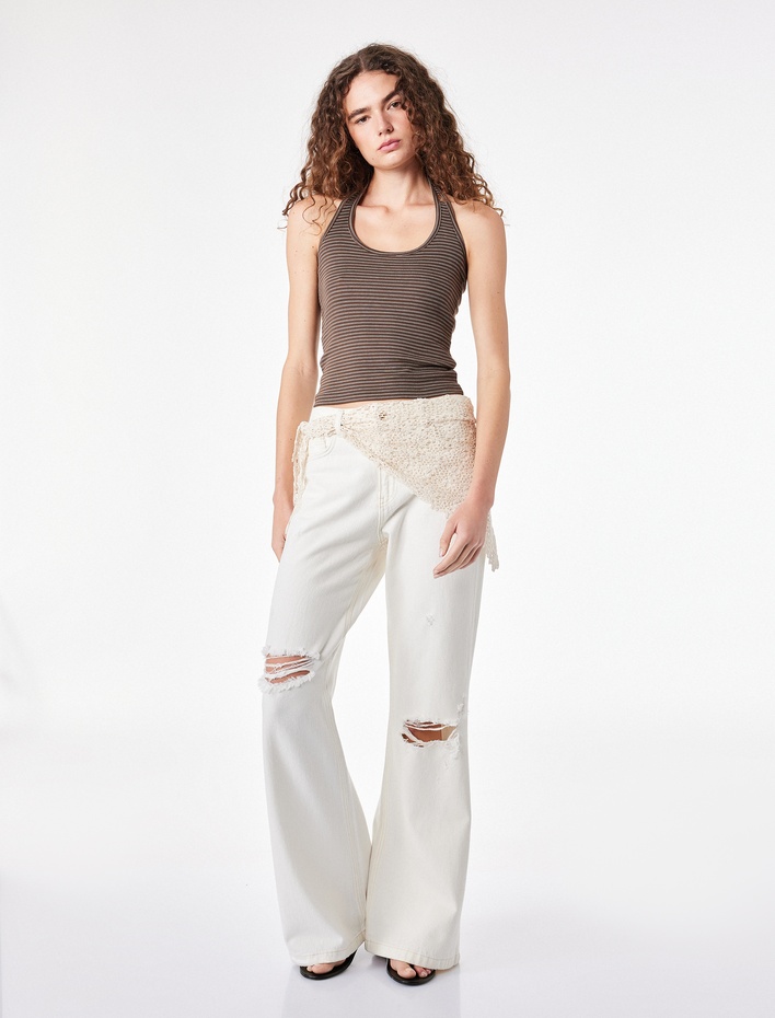  Slim Fit Pamuklu Çizgili Kolsuz Halter Yaka Bluz