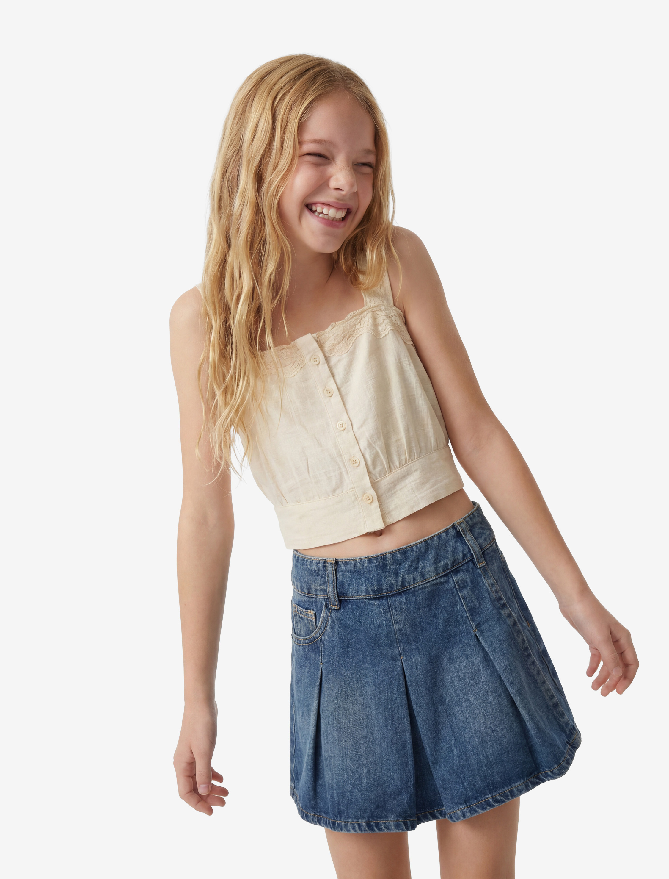  Kız Çocuk Pamuklu Düğmeli Kare Yaka Askılı Dantelli Crop Bluz